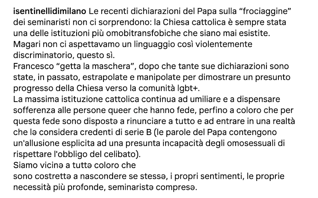 Papa Francesco e l'attacco ai seminaristi gay, le reazioni della comunità LGBTQIA+ italiana - Sentinelli di Milano - Gay.it