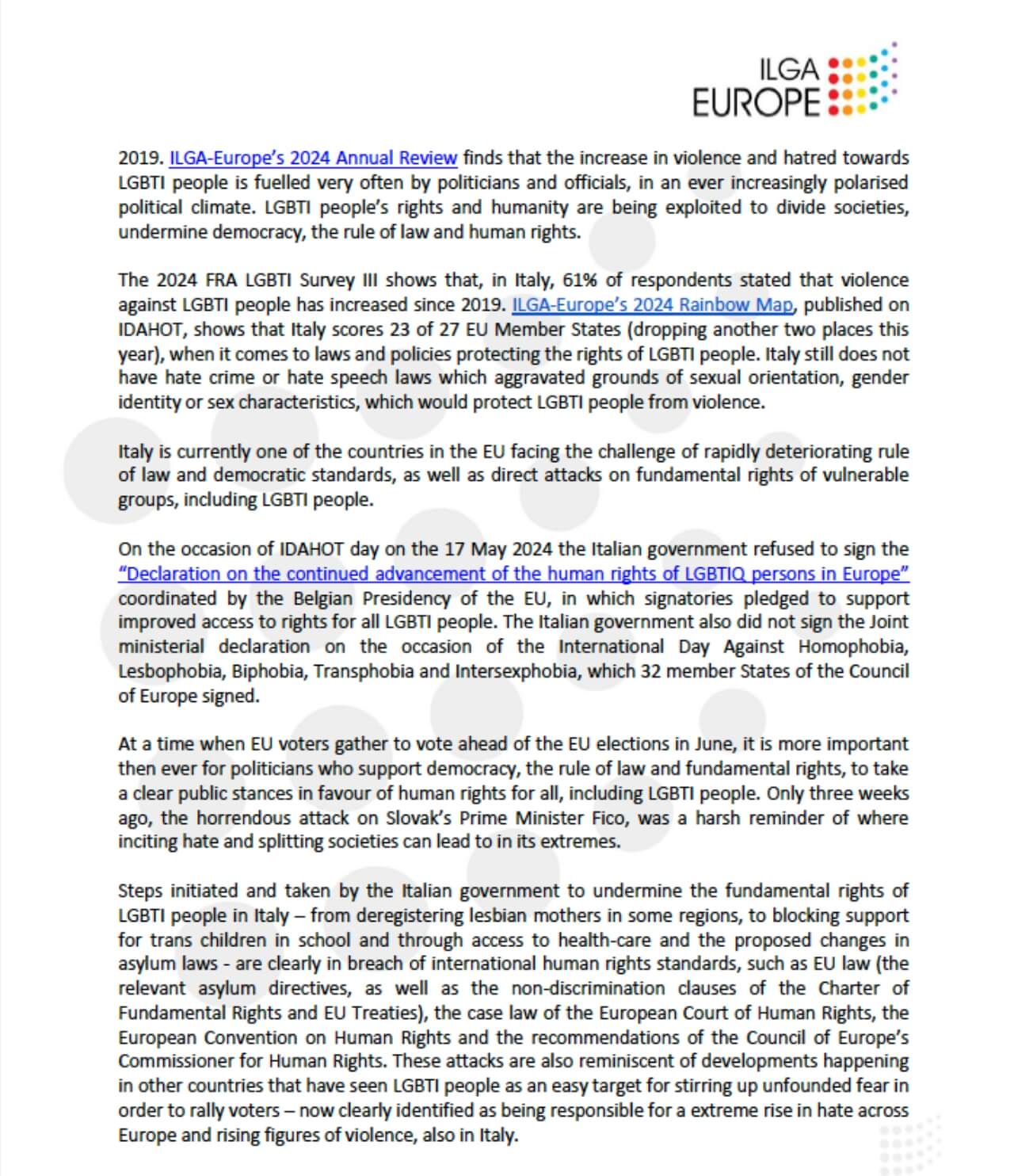 Lettera di Ilga ai leader italiani per il programma LGBTI+ #ComeOut4EU - 2 - Gay.it