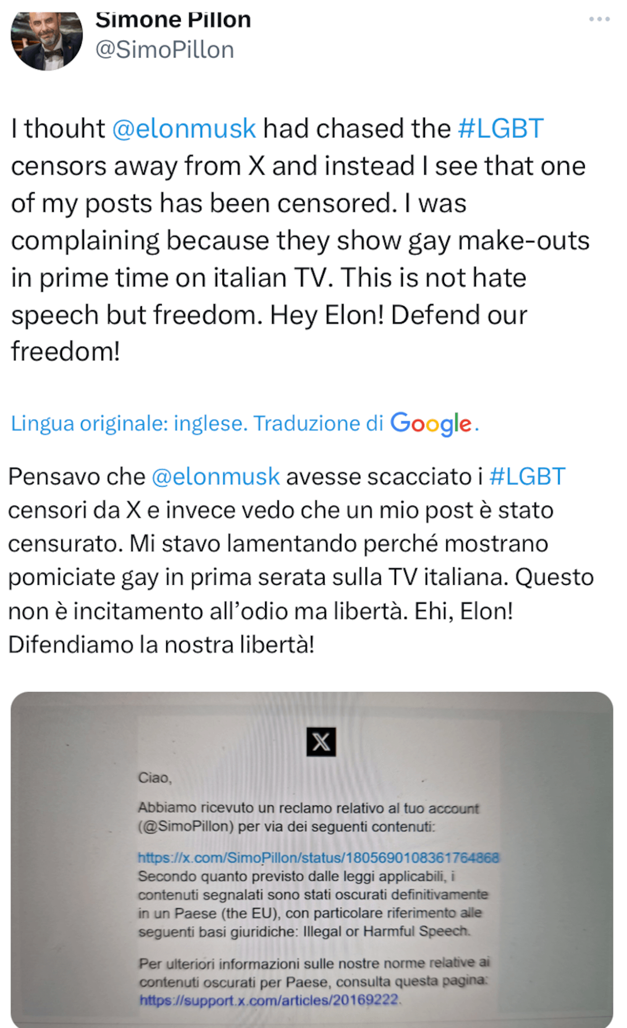 Simone Pillon cancellato su X per omofobia scrive ad Elon Musk: "Pensavo avessi cacciato i censori LGBT" - Simone Pillon censurato su X per omofobia scrive ad Elon Musk 1 - Gay.it