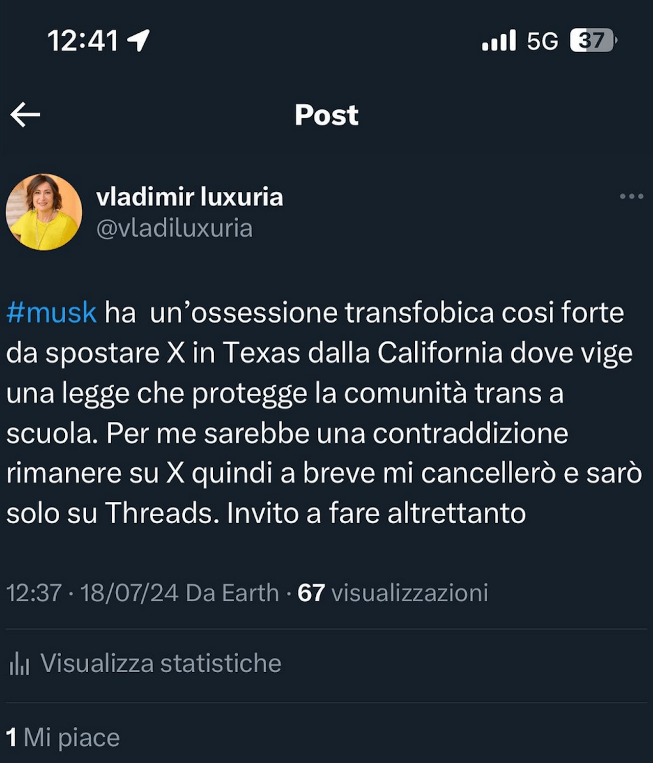 Vladimir Luxuria vs. Elon Musk: "Ha un'ossessione transfobica, mi cancello da X. Fate altrettanto" - Vladimir Luxuria vs. Elon Musk - Gay.it