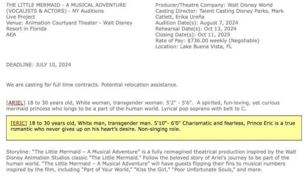 La Sirenetta, si cercano attori e attrici trans per interpretare Eric e Ariel nel nuovo show di Disney World? - WDW DHS Little Mermaid musical casting call copia - Gay.it