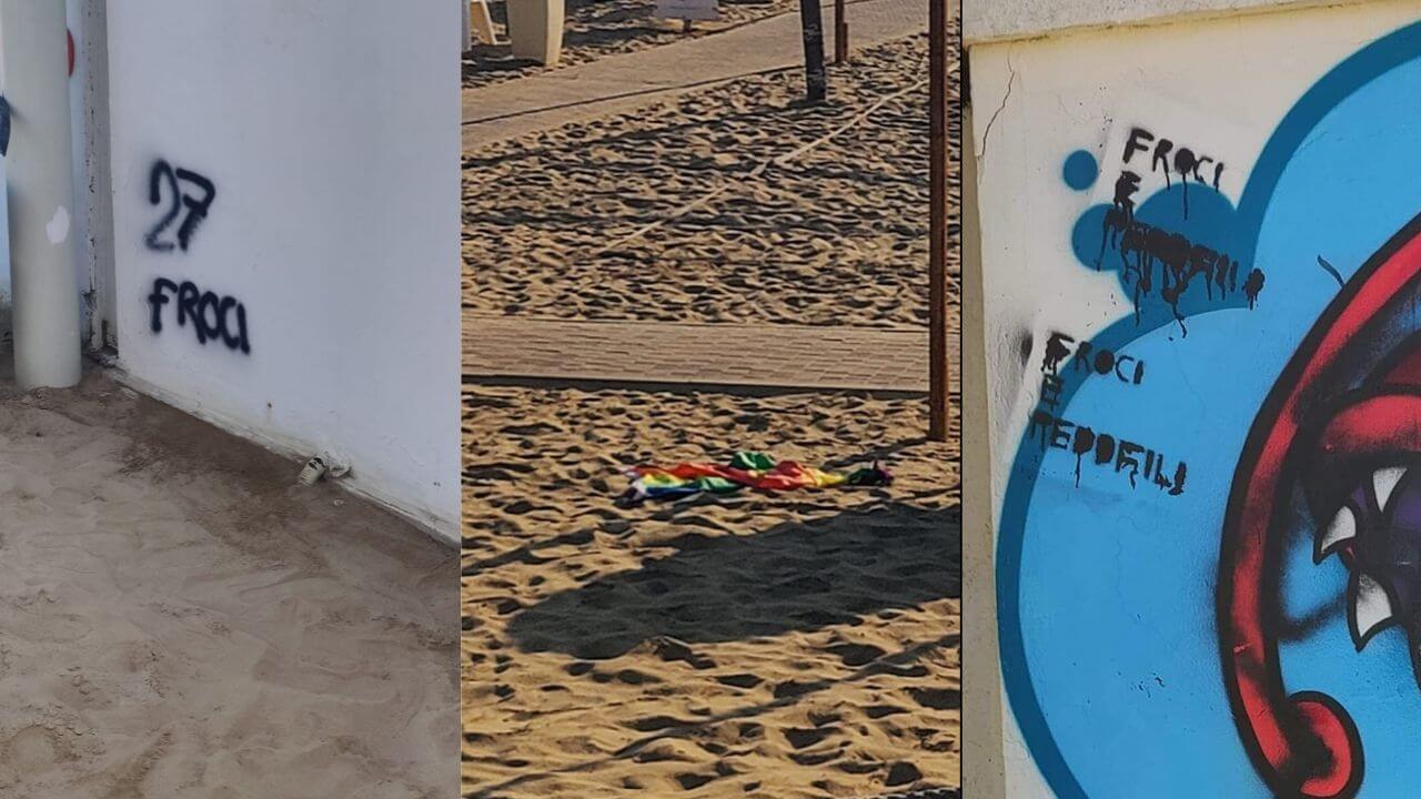 Rimini, attacco alla spiaggia LGBTI: scritte “FR*C* P*DOF*LI” e bandiere rainbow strappate