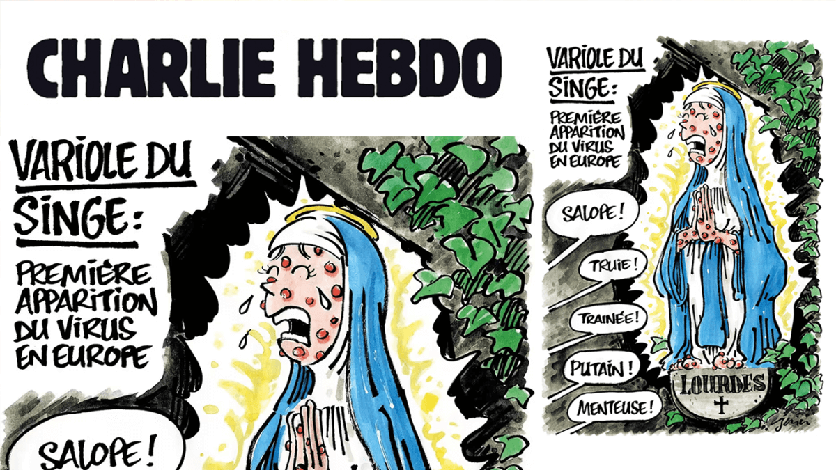 La Madonna con il vaiolo Mpox nella vignetta di Charlie Hebdo, cattolici indignati