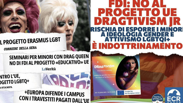 DragTivism Jr., Fratelli d’Italia contro il progetto UE sull’arte Drag: "Inculcano ai giovani l’ideologia gender" - DragTivism Jr. Fratelli dItalia contro il progetto UE sullarte Drag - Gay.it