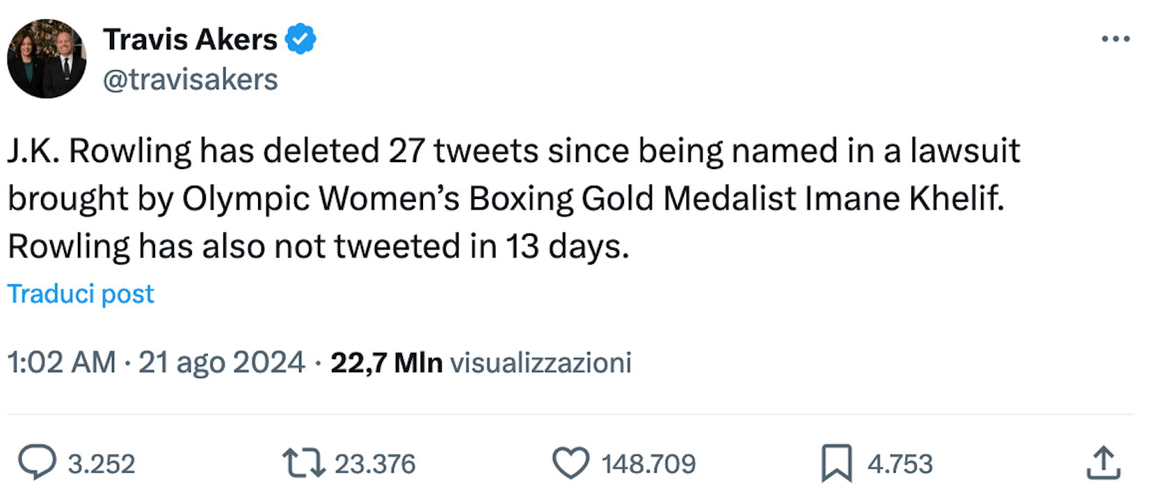 J.K. Rowling cancella 27 tweet dopo la denuncia di Imane Khelif - J.K. Rowling cancella 27 tweet Imane Khelif - Gay.it