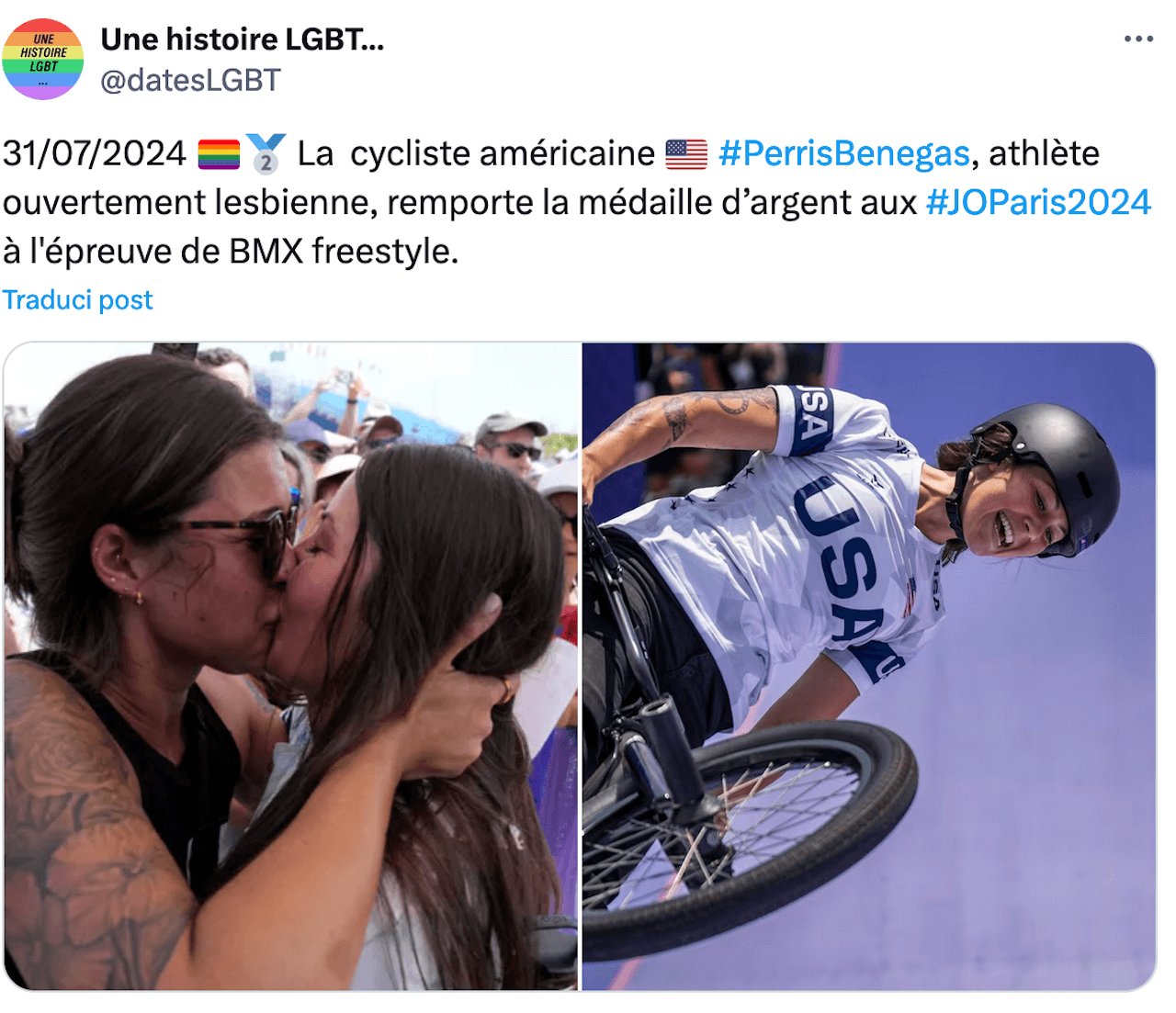 Olimpiadi Parigi 2024: ecco tutti gli atleti LGBTIQ+ saliti sul podio - Perris Benegas la ciclista BMX vince largento a Parigi 2024 e a fine gara bacia lamata 1 - Gay.it