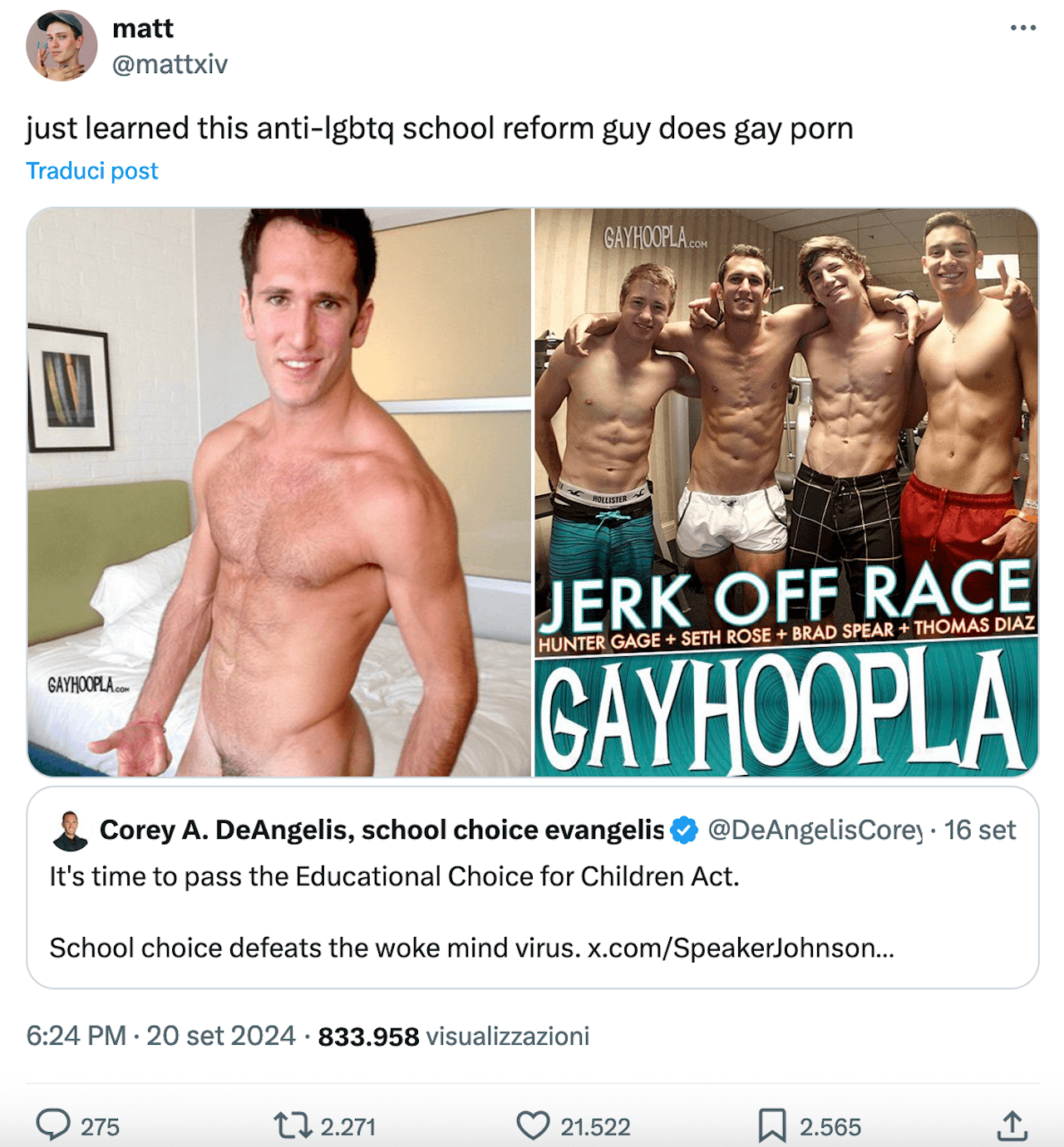 Corey DeAngelis, le prime parole dell’attivista omofobo accusato di aver girato porno gay - porno gay Corey DeAngelis - Gay.it