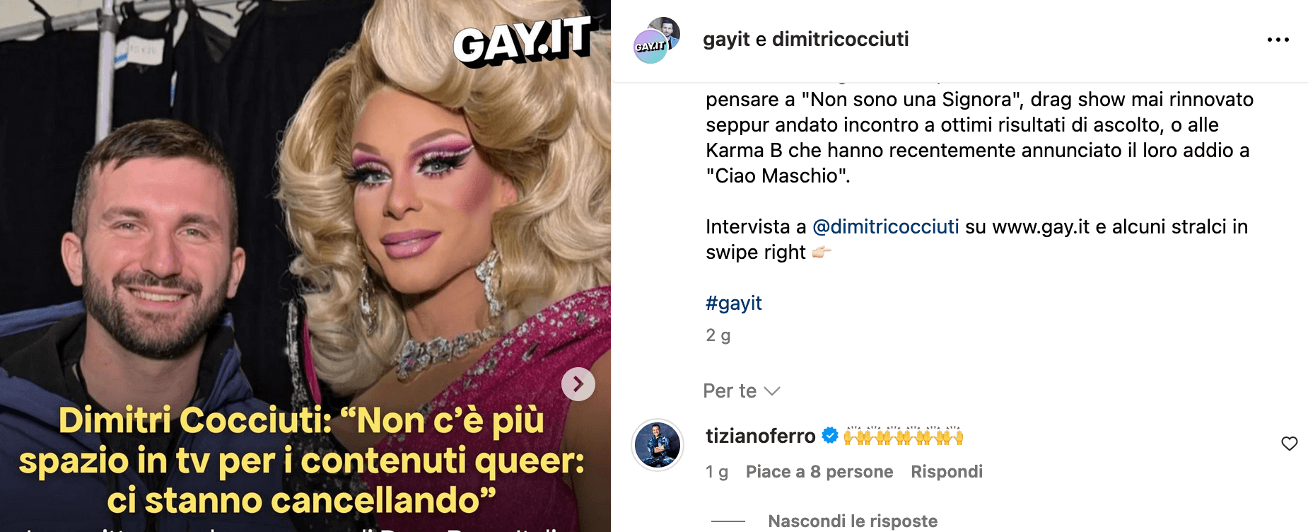 Tiziano Ferro commenta news Dimitri Cocciuti