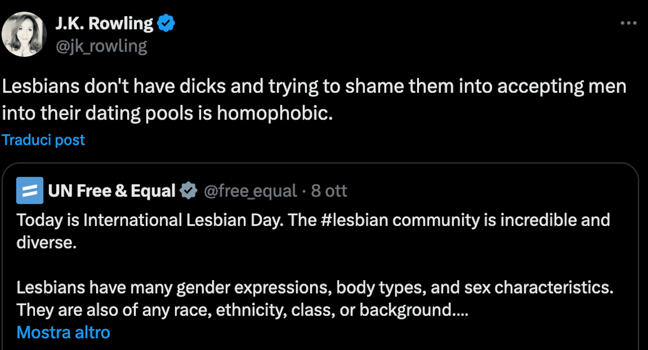 Martina Navratilova e J.K. Rowling contro l'ONU: "Non esistono lesbiche trans, le lesbiche non hanno il ca**o" - Screenshot 2024 10 10 alle 21.28.25 - Gay.it
