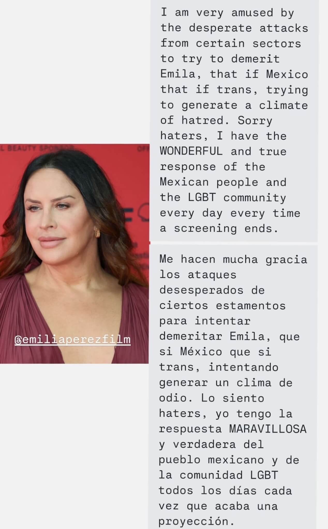Emilia Perez, intervista a Karla Sofía Gascon: "Ci stiamo abituando all'odio, ogni giorno sono vittima di transfobia" - Karla Sofia Gascon nelle sue storie Instagram - Gay.it