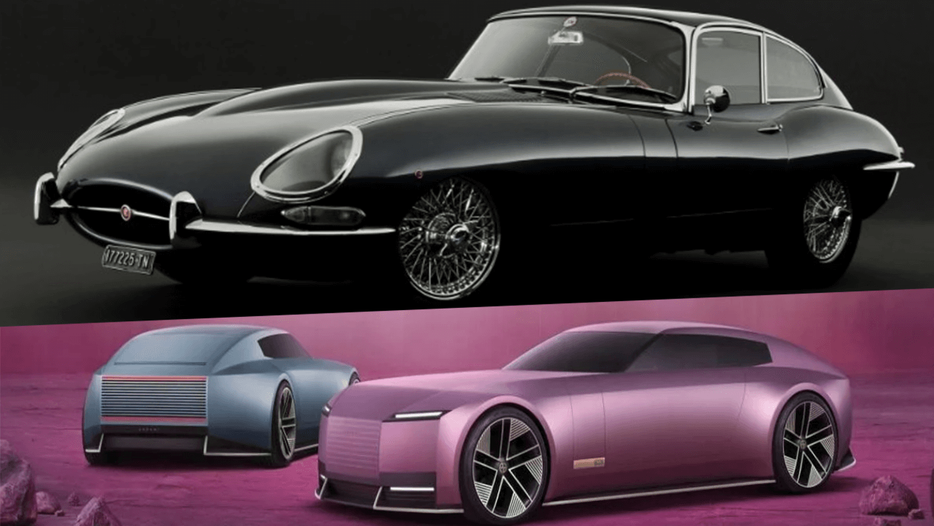 Sopra la Jaguar E-type di Diabolik presentata la prima volta nel 1961 - Sotto il primo prototipo del nuovo corso di Jaguar annunciato dal gruppo Tata Motors nel Novembre 2024