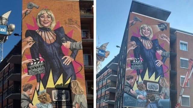 Raffella Carrà, un gigantesco murale sulla facciata del Centro Rai di Via Teulada - Raffella Carra un gigantesco murale sulla facciata del Centro Rai di Via Teulada - Gay.it