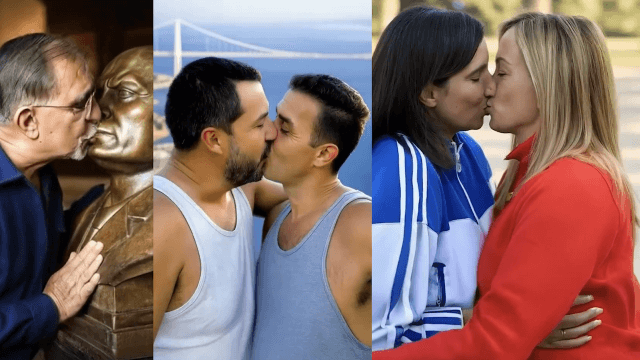 Schlein bacia Meloni, Salvini bacia Vannacci, La Russa bacia Mussolini. Il video di Natale è virale - Schlein bacia Meloni Salvini bacia Vannacci La Russa bacia Mussolini - Gay.it