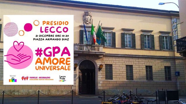presidio gpa amore universale a Lecco organizzato da Famiglie Arcobaleno In Lombardia, Lecco Pride, associazione Renzo&Lucio LGBT, sabato 21 dicembre 2024