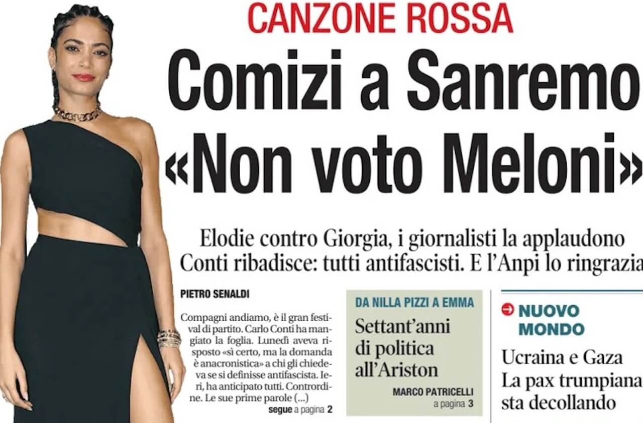 Sanremo 2025, Elodie: "Non voterei Meloni neanche se mi tagliassero una mano" (VIDEO) - Elodie Sanremo 2025 Il Giornale - Gay.it
