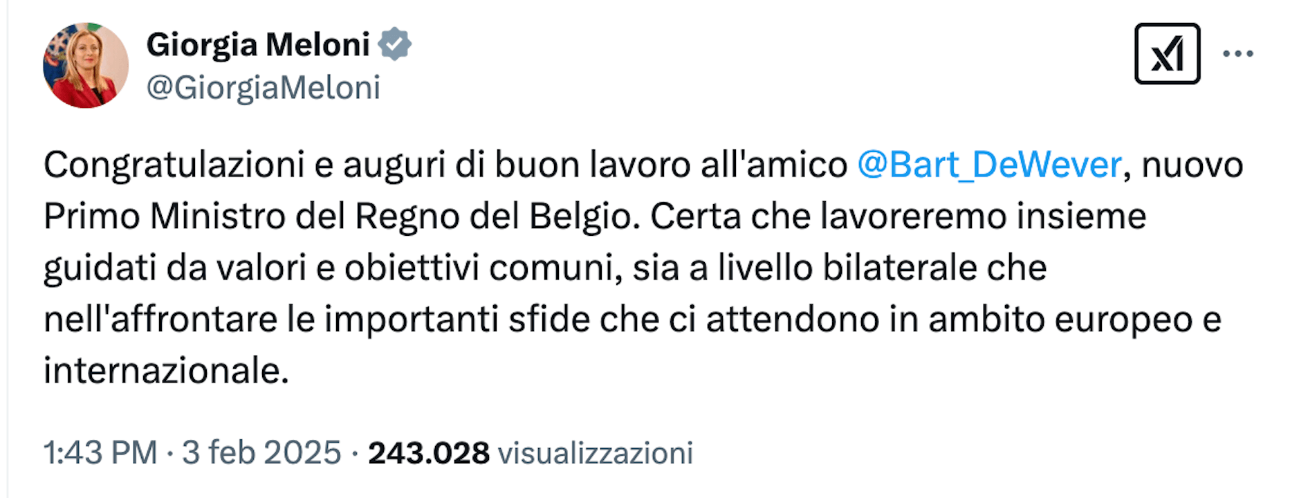 Belgio, il premier Bart De Wever alleato di Meloni vuole legalizzare la gestazione per altri. Anche a gay e single - Giorgia Meloni si complimenta con Bart De Wever - Gay.it