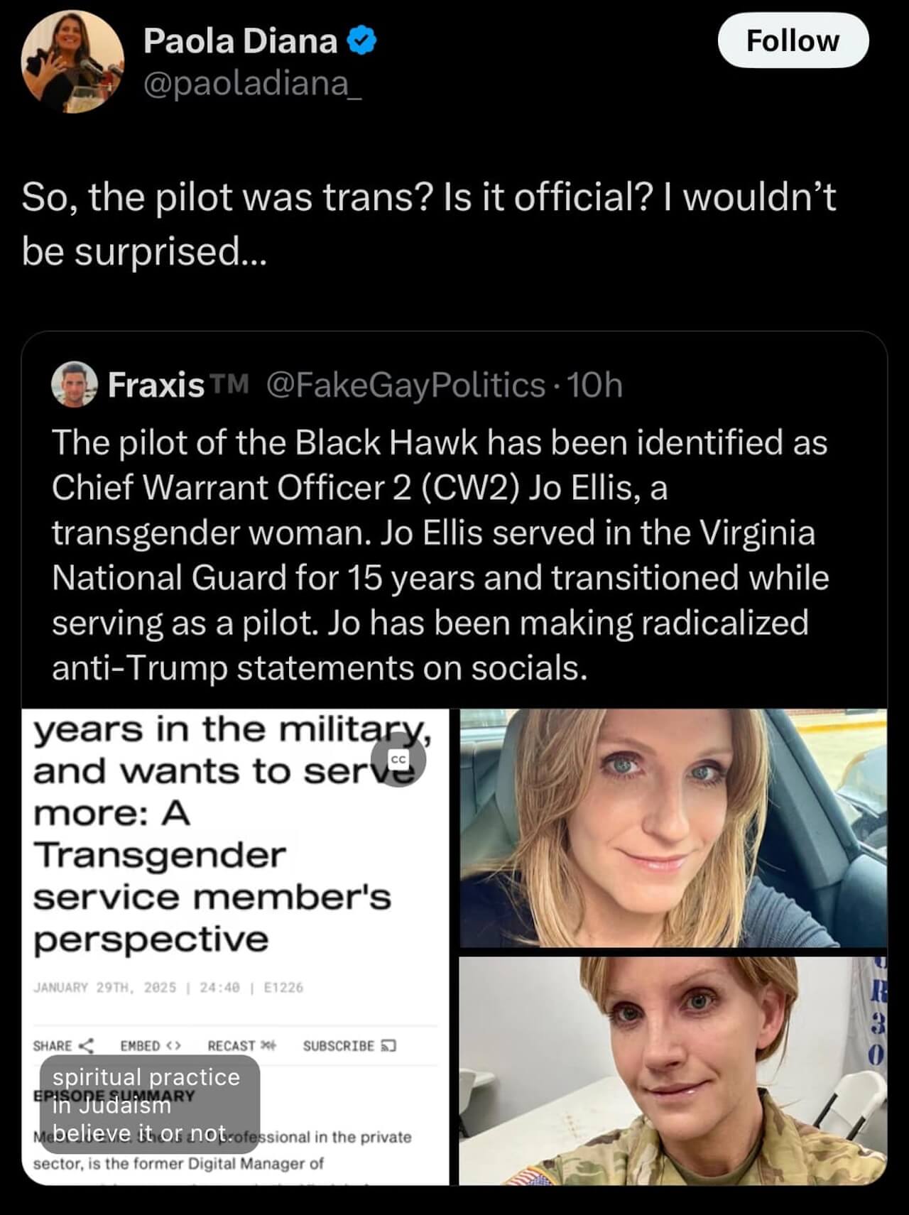 Jo Ellis, pilota trans costretta a smentire la fake news che la voleva responsabile dell'incidente aereo di Washington: "Sono viva" (VIDEO) - Jo ellis transfobia social - Gay.it