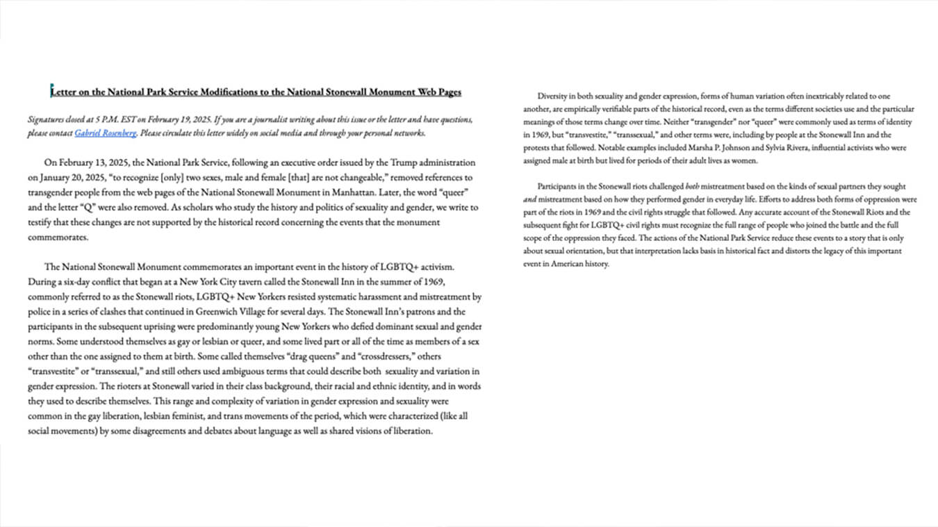 Lettera Storici LGBT Stonewall Monument Trump USA