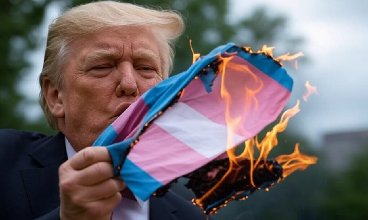 Stati Uniti, nel 2025 sono state presentate quasi 1000 leggi anti-trans - Trump incendia bandiera trans - Gay.it
