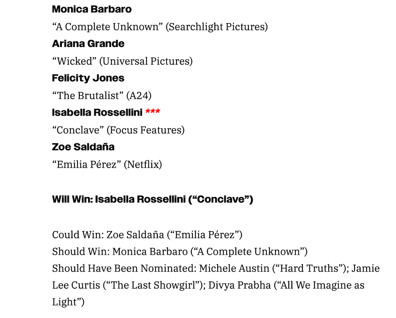 Oscar 2025 e il sogno Isabella Rossellini, icona queer che secondo Variety batterà Zoe Saldana - Variety previsioni Oscar 2025 - Gay.it