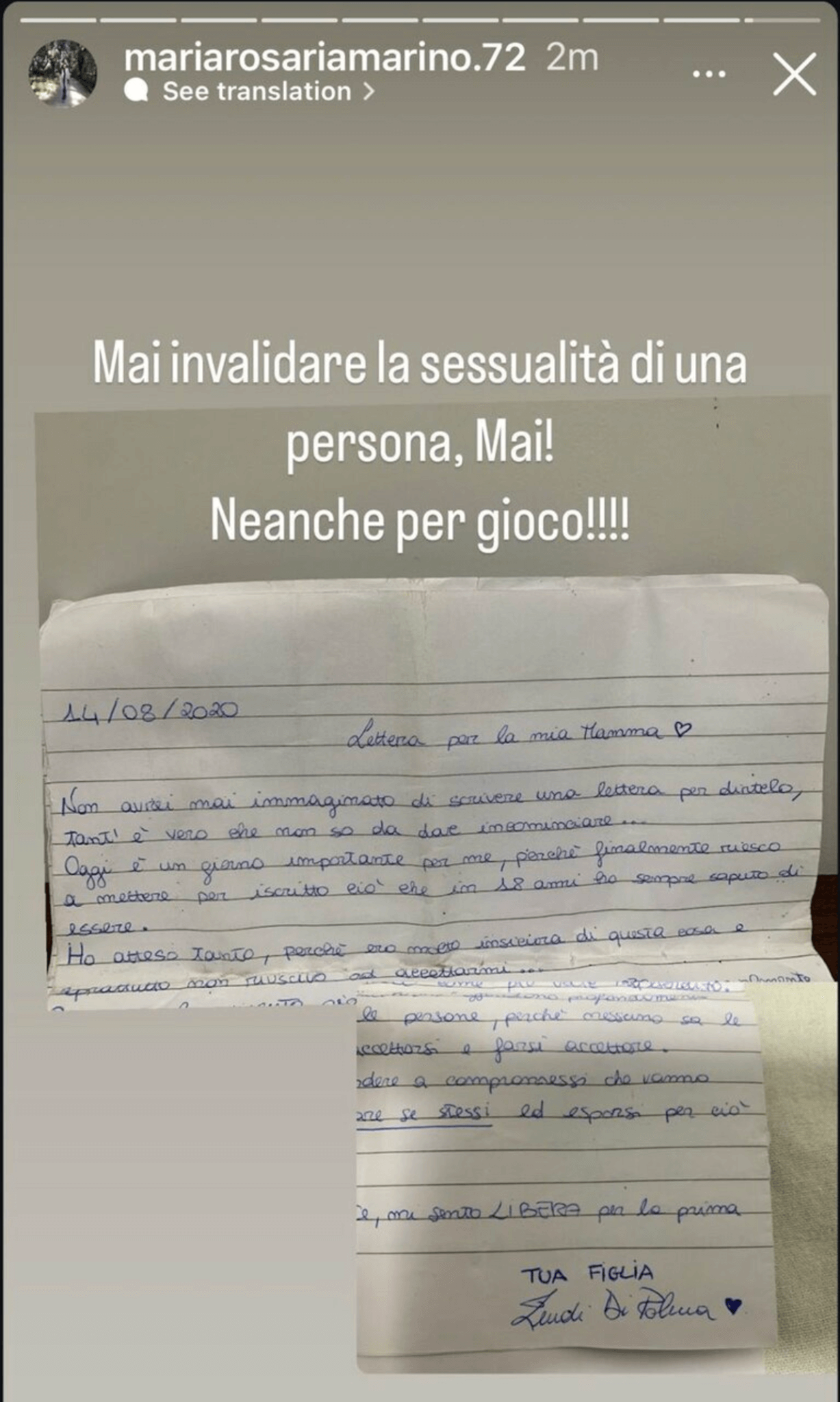 La mamma di Zeudi di Palma condivide la lettera del coming out