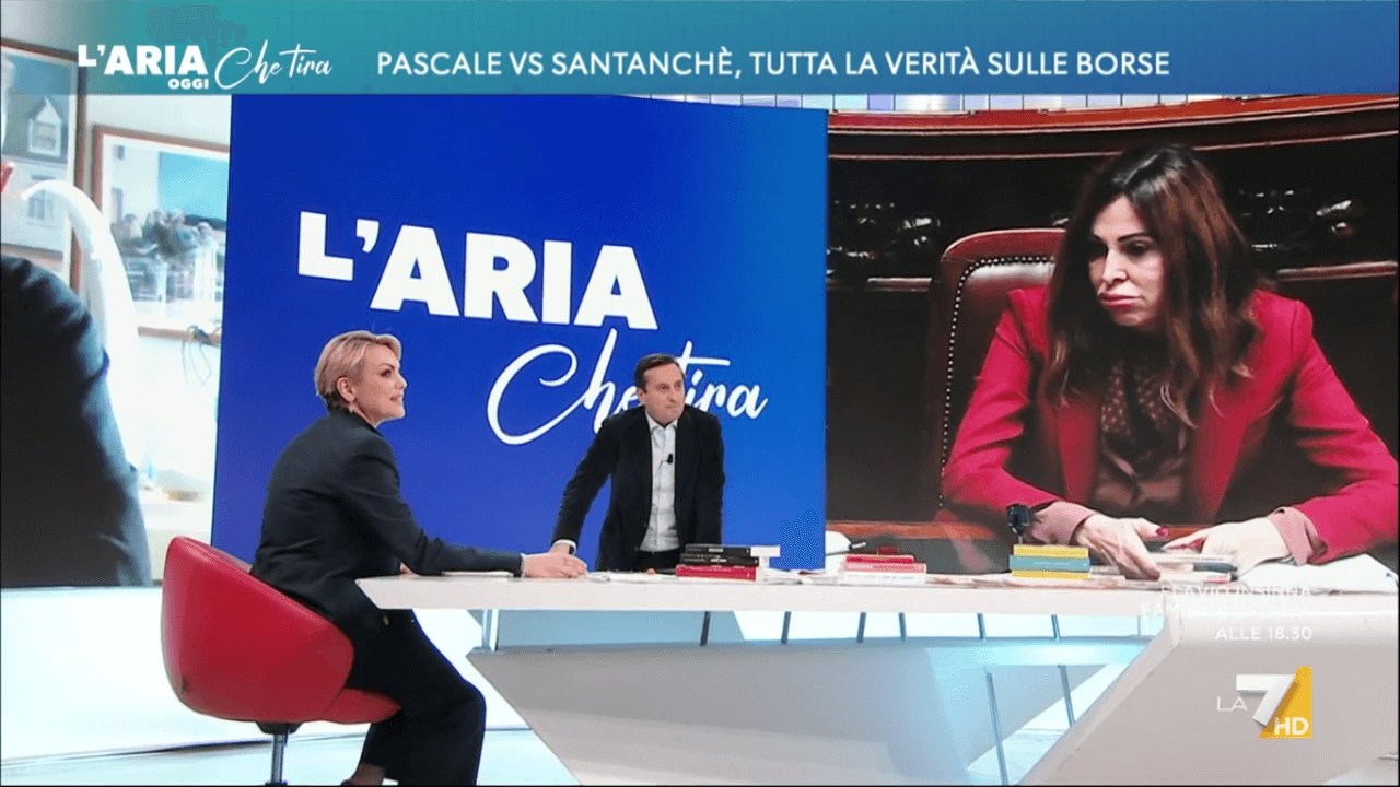 Francesca Pascale ospite de L'aria che tira parla delle borse fake di Daniela Santanchè