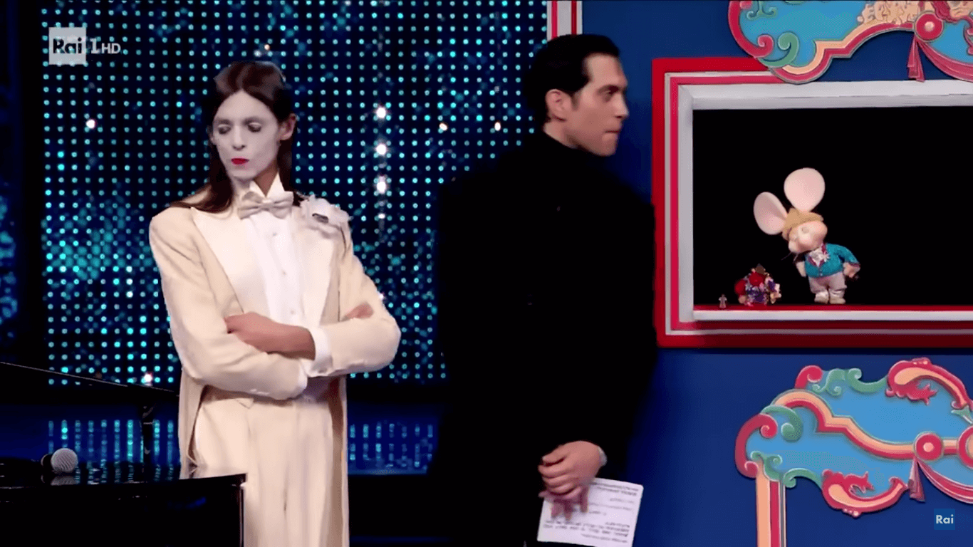 Lucio Corsi, Mahmood e Topo Gigio a Sanremo 2025.