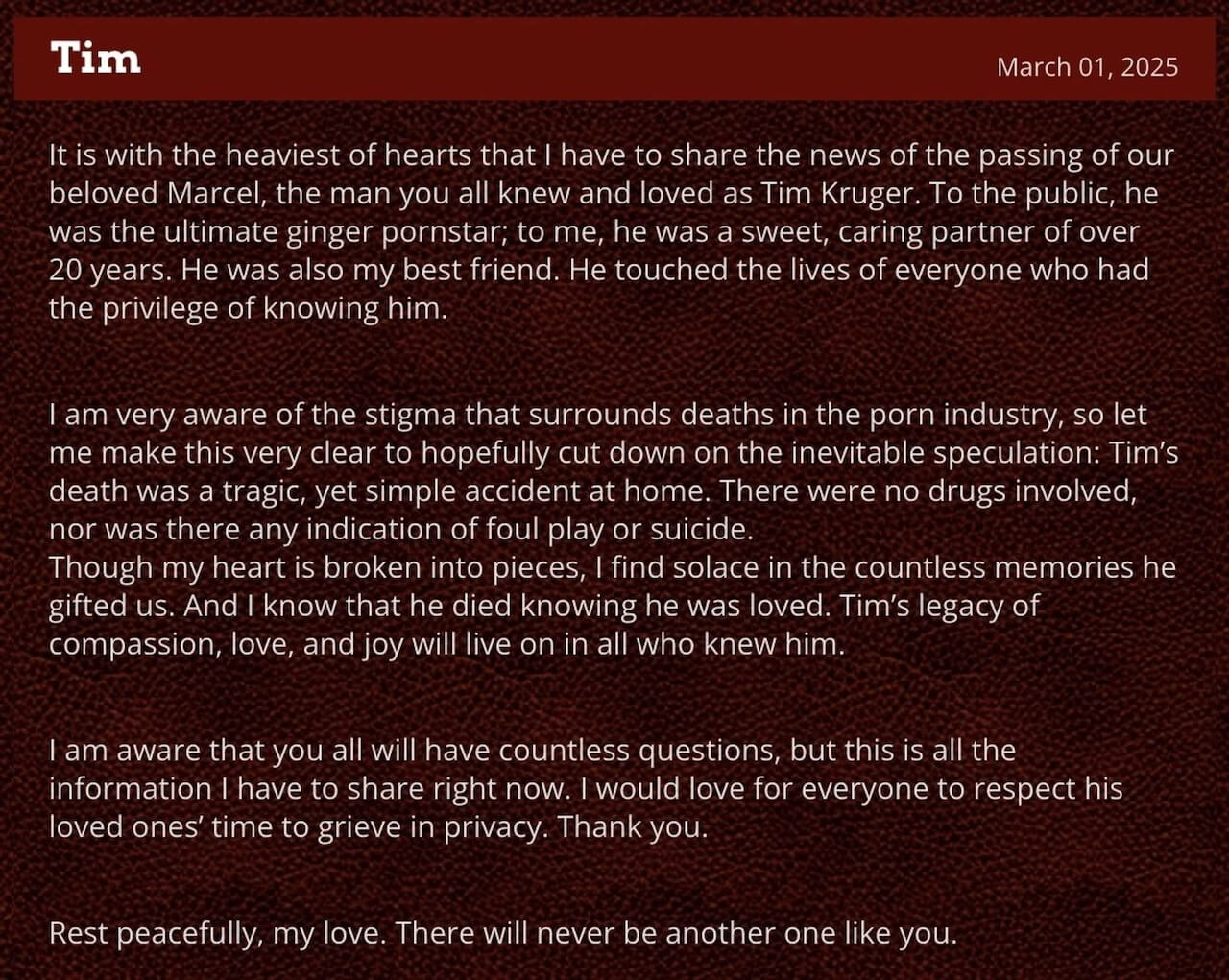 È morto Tim Kruger, il mondo del porno gay piange una leggenda - morto Tim Kruger - Gay.it