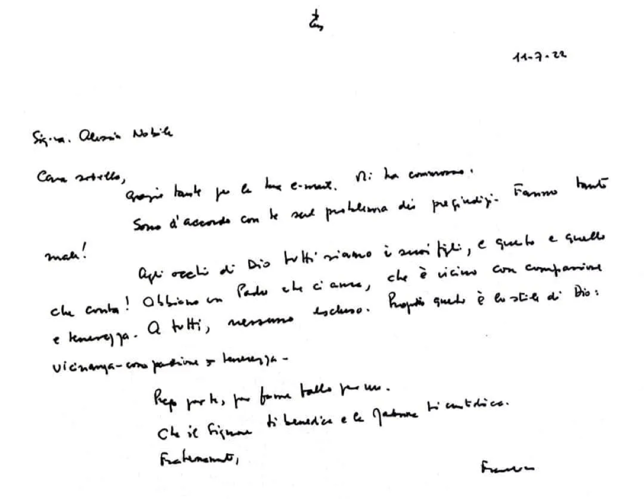 La lettera scritta da Papa Francesco ad Alessia Nobile