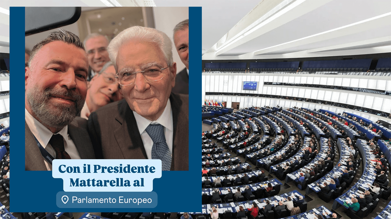Alessandro Zan in un selfie con il Presidente della Repubblica Sergio Mattarella in visita a Strasburgo