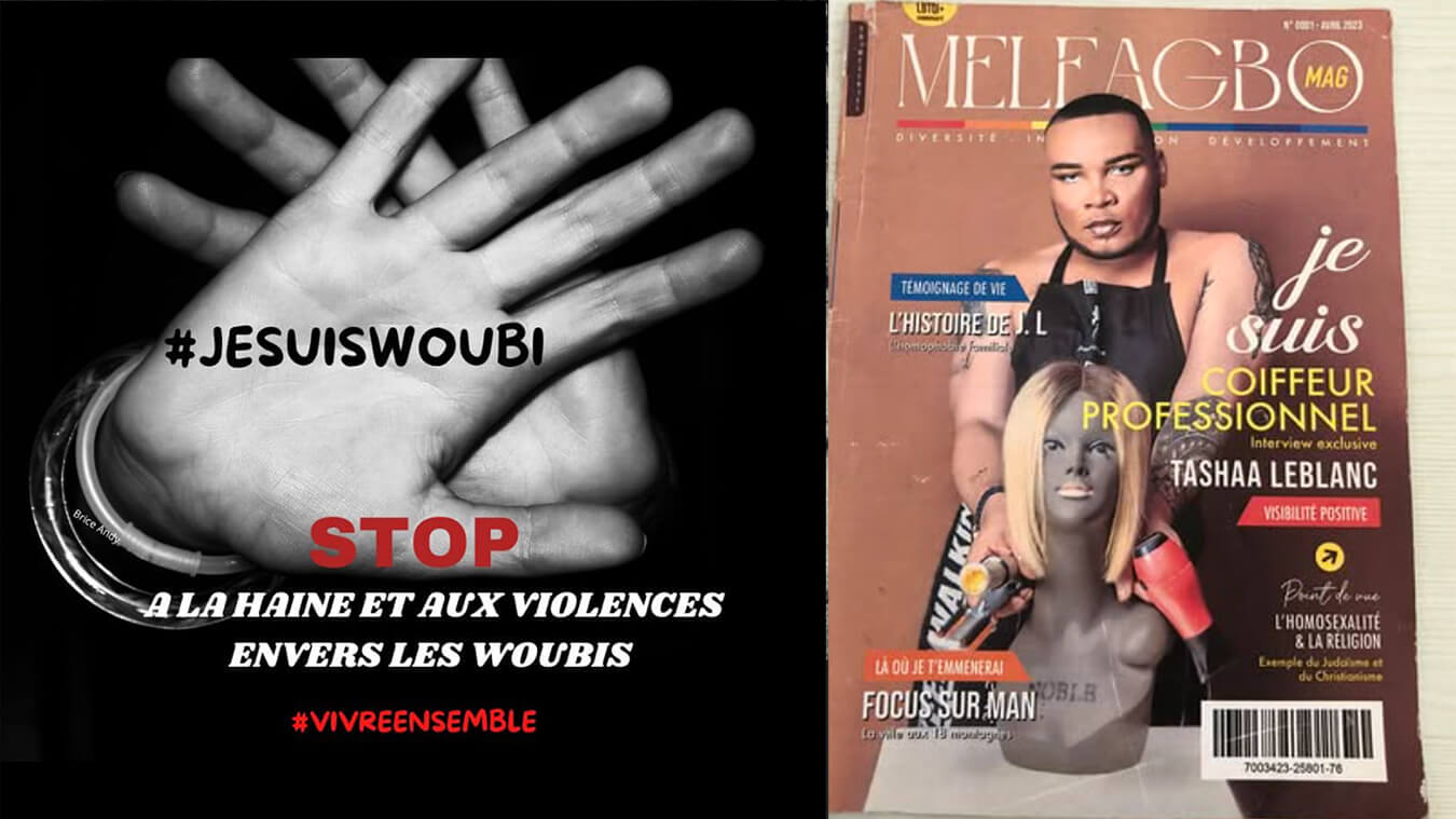 A sinistra un manifesto contro l'omobitransfobia e contro l'uso della parola WOUBI come insulto - A destra un numero del magazine Meleagbo