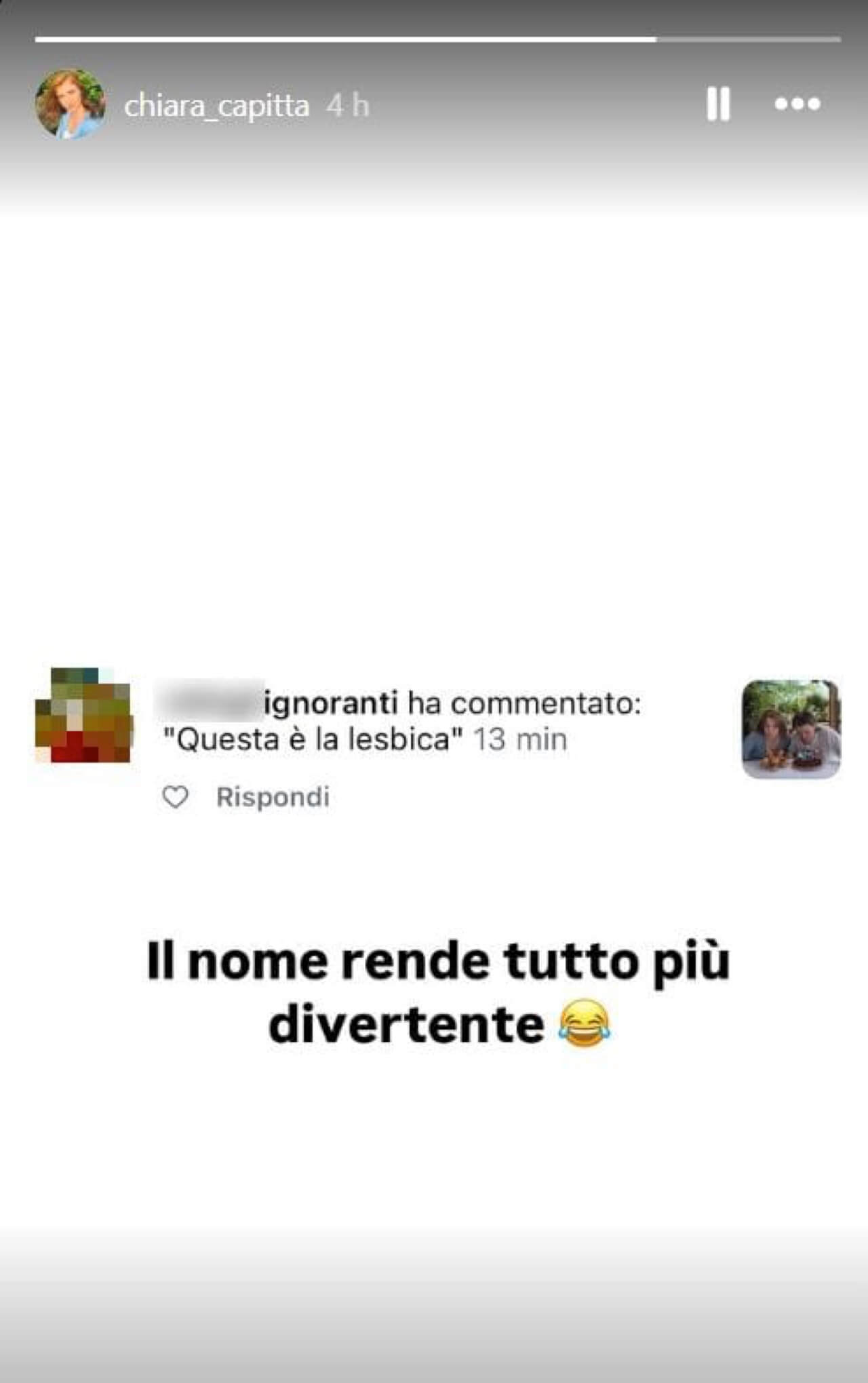 “Questa è lesbica...”, la figlia di Lorella Cuccarini risponde al commento omofobo: cosa hanno scritto a Chiara Capitta - La storia Instagram di Chiara Capitta resized - Gay.it