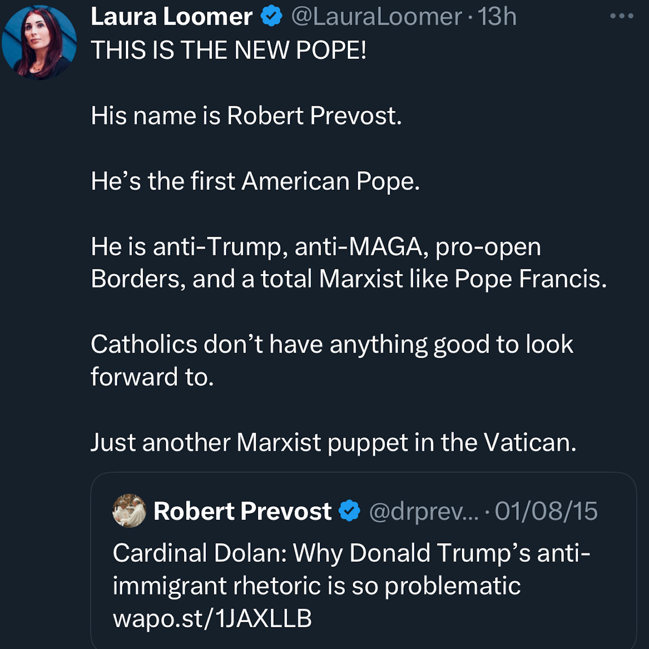 Robert Prevost, neo Papa Leone XIV, vota repubblicano - Laura Loomer vs. Papa Leone XIV - Gay.it