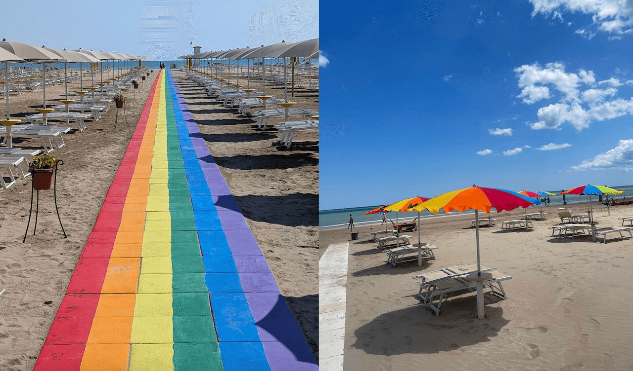 Rimini, dopo la celebre passerella arrivano anche gli ombrelloni arcobaleno. Ed esplode l’odio social