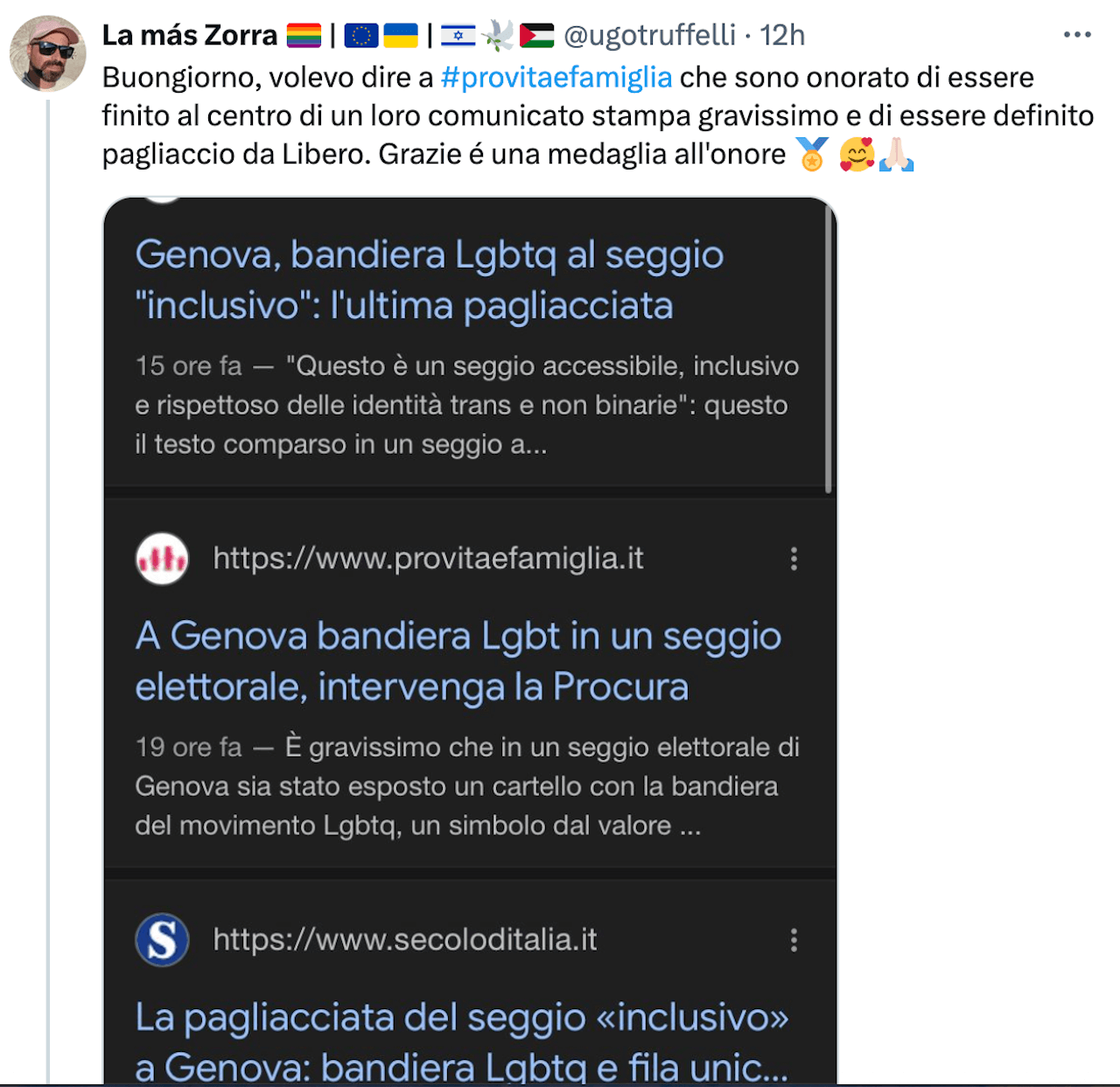 Genova, al seggio spunta una bandiera Progress Pride per avvisare della fila unica e da destra impazziscono - Ugo Truffelli - Gay.it