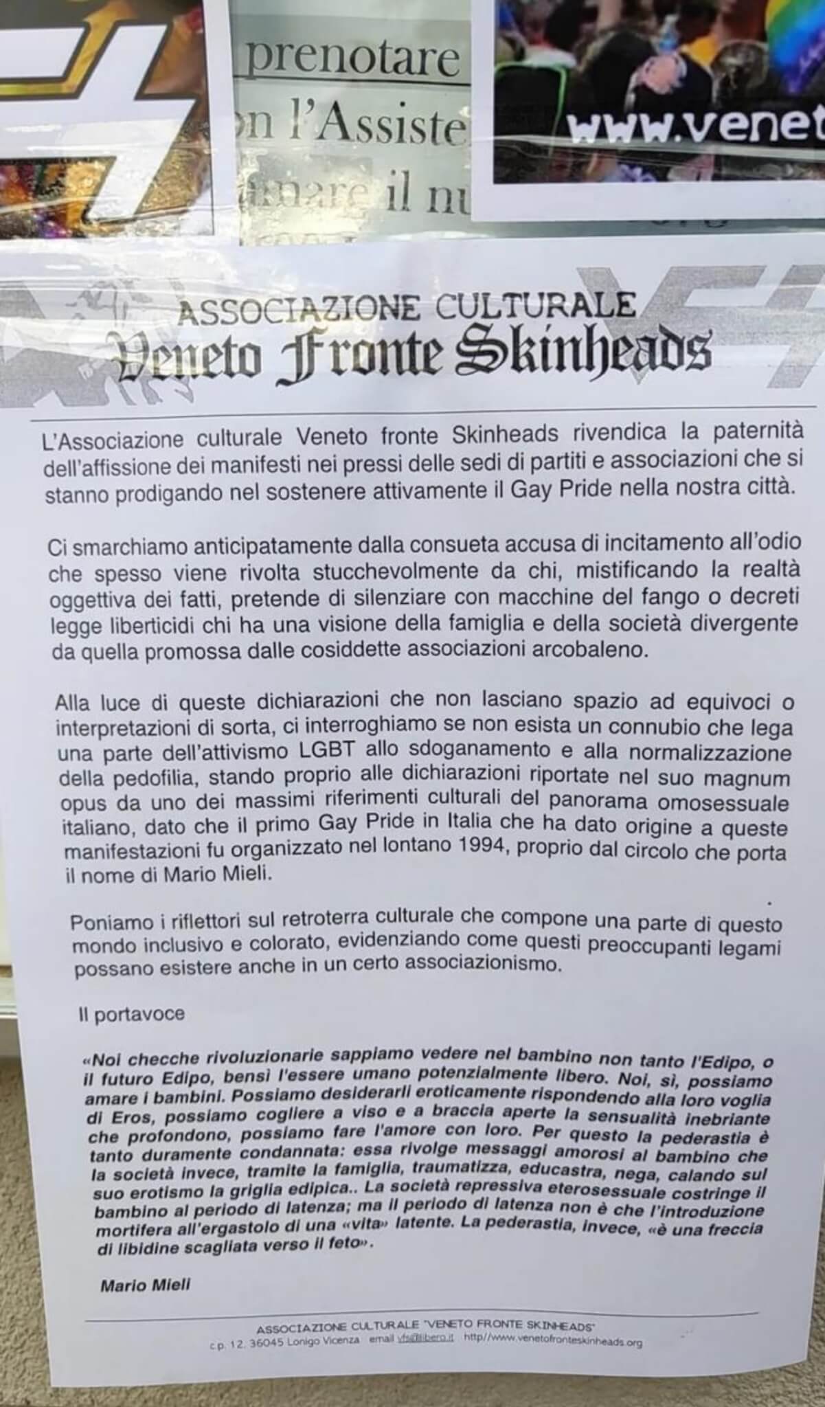 Manifesto di Veneto Skinhead a Crema contro il Pride: ecco il testo integrale.