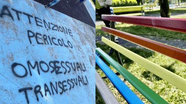 Piacenza, panchina arcobaleno cancellata e scritte omofobe e transfobiche