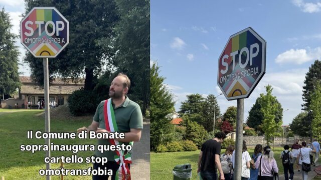 Bonate Sopra, il sindaco inaugura il primo cartello d'Italia "Stop Omotransfobia" (VIDEO) - Bonate Sopra il sindaco inaugura il primo cartello dItalia 22Stop Omotransfobia22 copia - Gay.it
