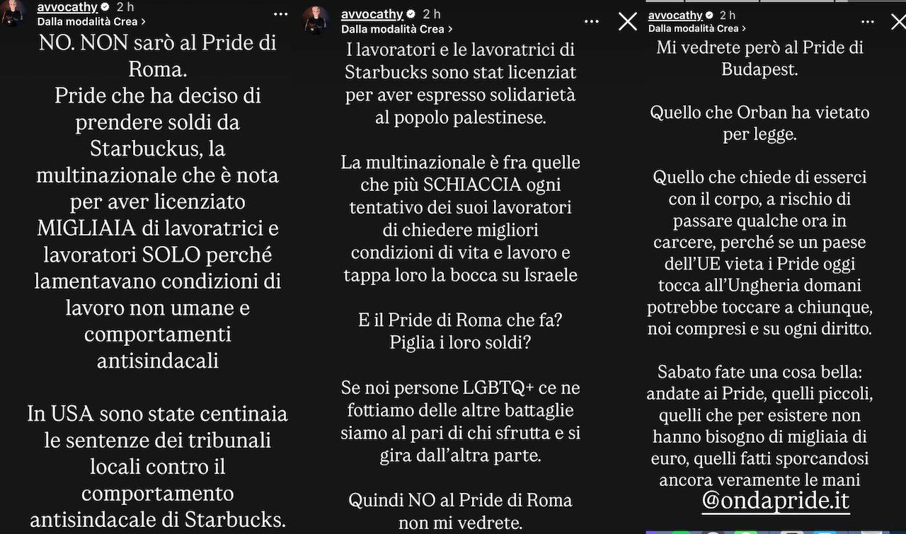 Scilla e La Torre vs. Roma Pride per lo sponsor Starbucks e i suoi presunti legami con Israele: "Censurano il dissenso" (VIDEO) - Cathy La Torre contro il Roma Pride 2025 - Gay.it