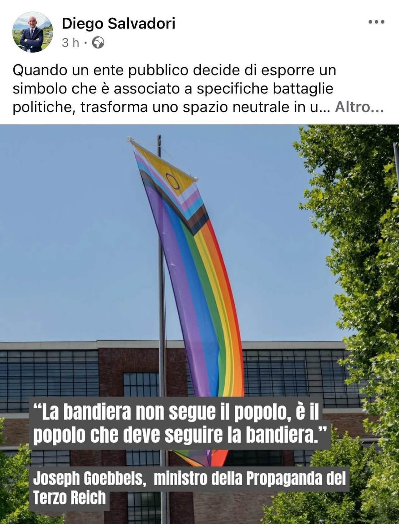 Salvadori, consigliere FDI si autosospende dopo aver associato la bandiera Pride a Joseph Goebbels - Diego Salvadori cita Goebbels copia - Gay.it