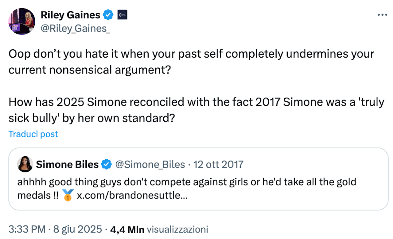 Simone Biles, la leggendaria ginnasta in difesa delle atlete trans stronca Riley Gaines - Simone Biles la leggendaria ginnasta in difesa delle atlete trans stronca Riley Gaines 2 - Gay.it