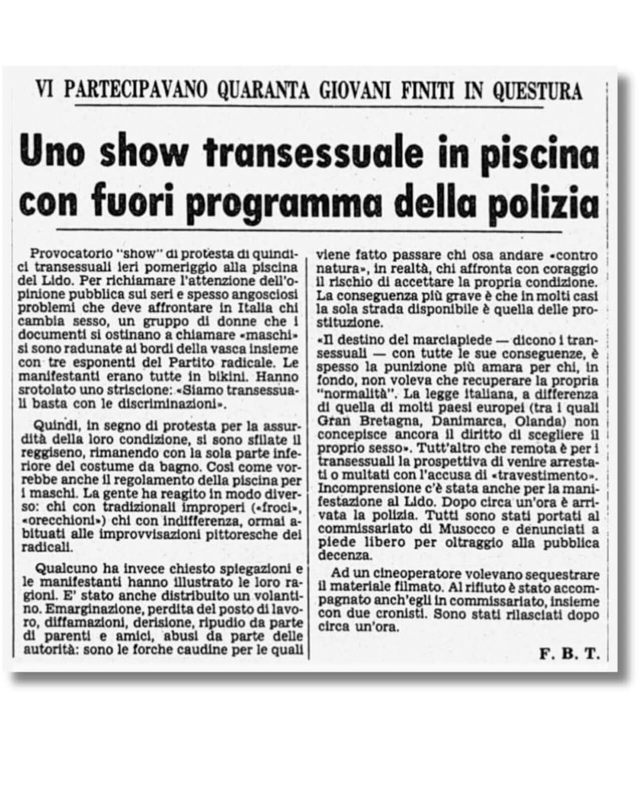45 anni fa la prima rivolta trans in una piscina di Milano: "Siamo uomini per lo Stato, quindi stiamo a petto nudo" (VIDEO) - Lido di Milano la storica protesta trans del 4 luglio 1980 foto - Gay.it