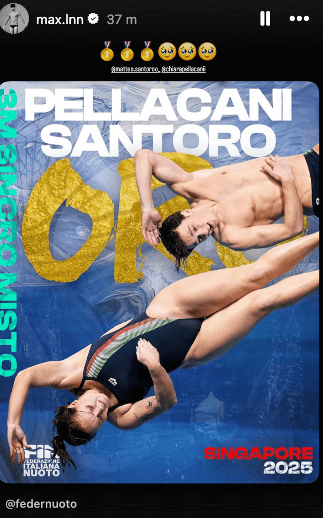 Matteo Santoro oro mondiale nel tuffo sincronizzato insieme a Chiara Pellacani, la dolce reazione di Max Liñan (VIDEO) - Max Linan celebra Matteo Santoro - Gay.it
