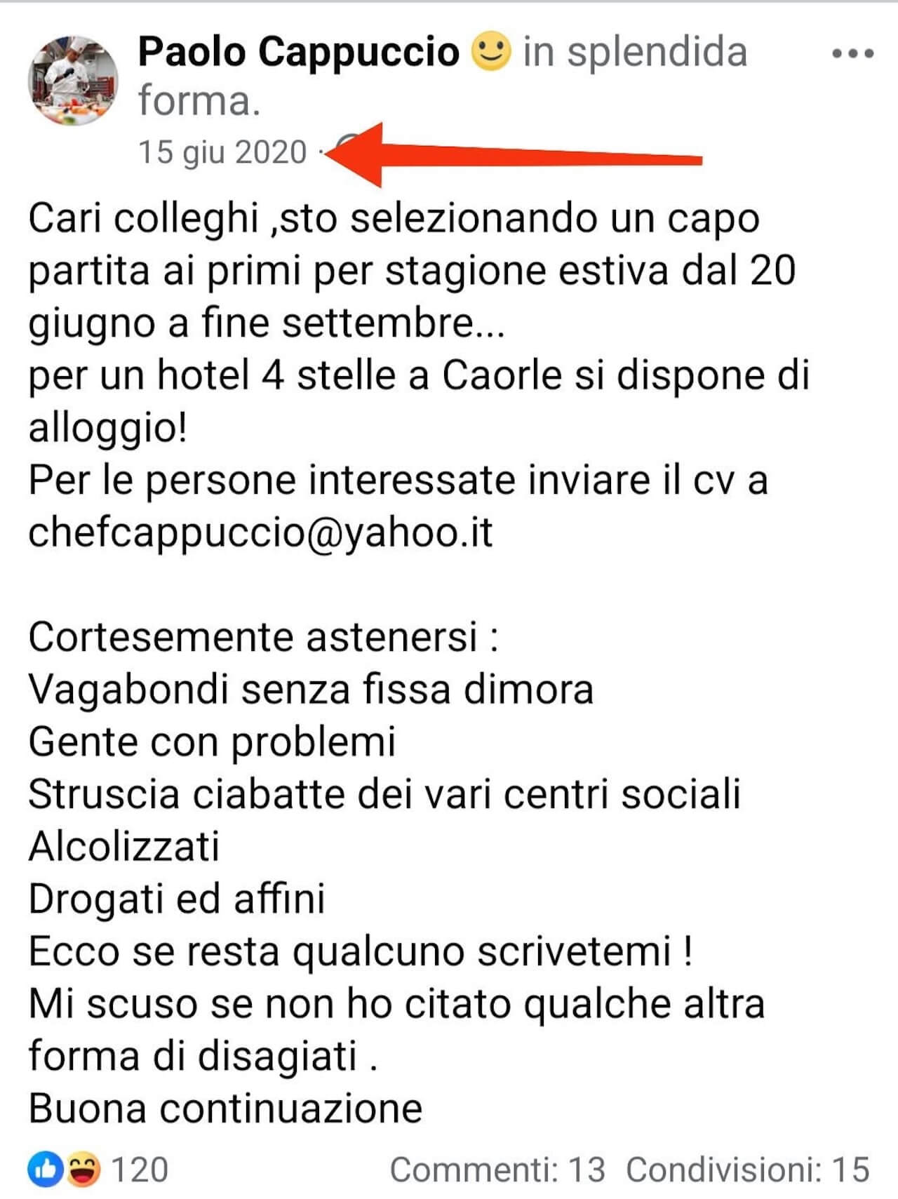 Lo chef Paolo Cappuccio cerca cuochi, ma senza "problematiche di orientamento sessuale. Soggetti normali" - Paolo Cappuccio annuncio 2020 - Gay.it