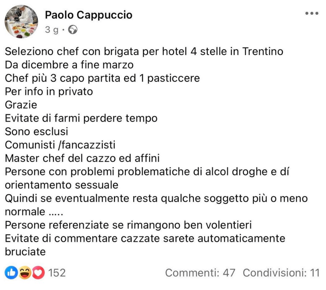 Lo chef Paolo Cappuccio cerca cuochi, ma senza "problematiche di orientamento sessuale. Soggetti normali" - Paolo Cappuccio chef omofobo - Gay.it
