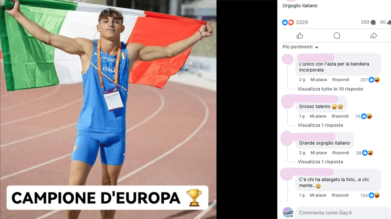Simone Bertelli nella foto della nota pagina social gay: i commenti alle 14.40 del 29 luglio 2025 sono circa 250, di cui 245 sessualizzanti.