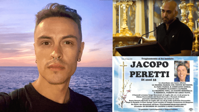 Jacopo Peretti in un ritratto che il ragazzo aveva come profilo social. A differenza di quanto riservato a Mario Paglino e Gianni Grossi, la memoria di Jacopo è stata rispettata dalla parrocchia di Mazzé, con la citazione del suo compagno Gioele (nel riquadro, fonte Sky Tg 24) che ha potuto ricordare l'amato Jacopo sull'altare con le proprie parole.