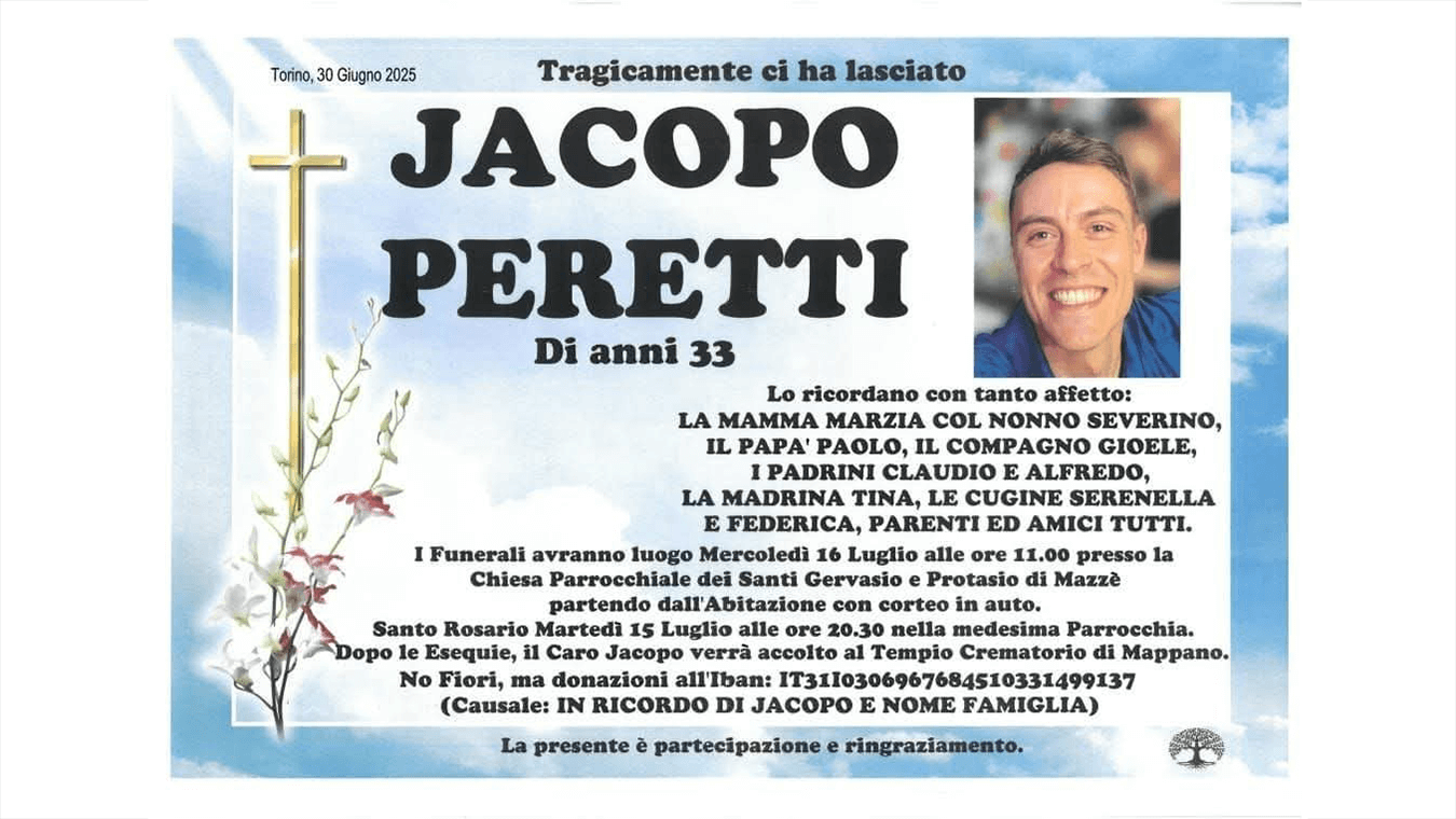 Il necrologio di Jacopo Peretti che annuncia la funzione funebre. Presente, tra i tanti cari, anche una citazione del suo "compagno Gioele"