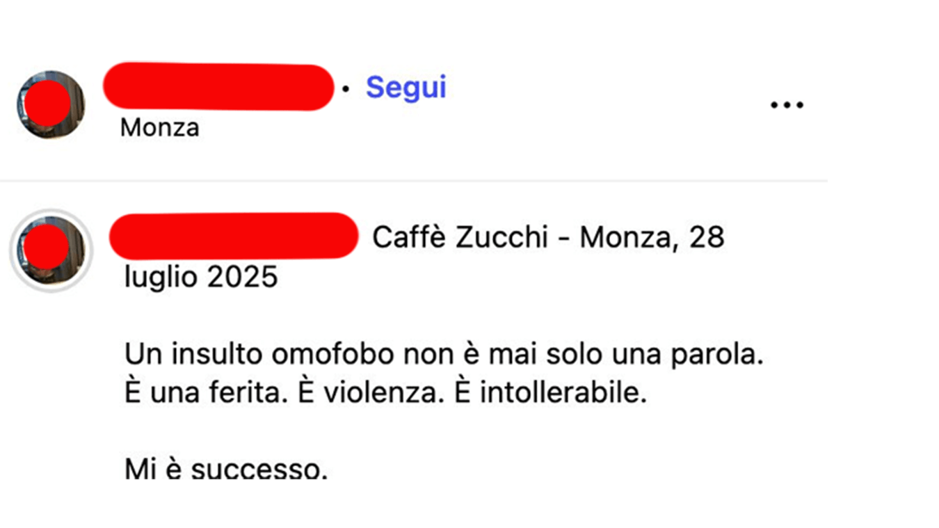 Caffè Zucchi a Monza: qui l'episodio di omofobia dell'agosto 2025. Il precedente del 2019.