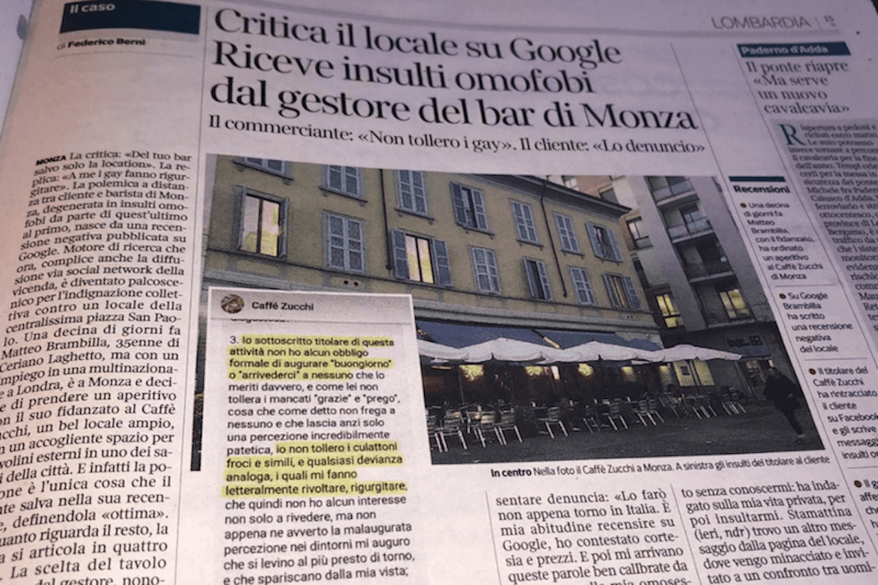 Monza, 17enne in un bar travolto dall'omofobia: "Fr*cio di merd*, alzati e vattene" - monza - Gay.it